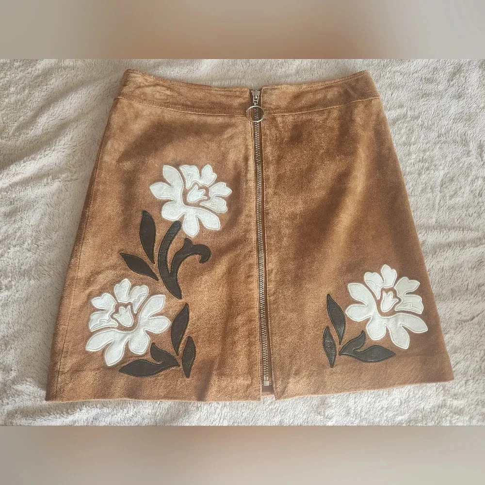 INC 100% Leather Floral Zip Skirt Sz‎ 6